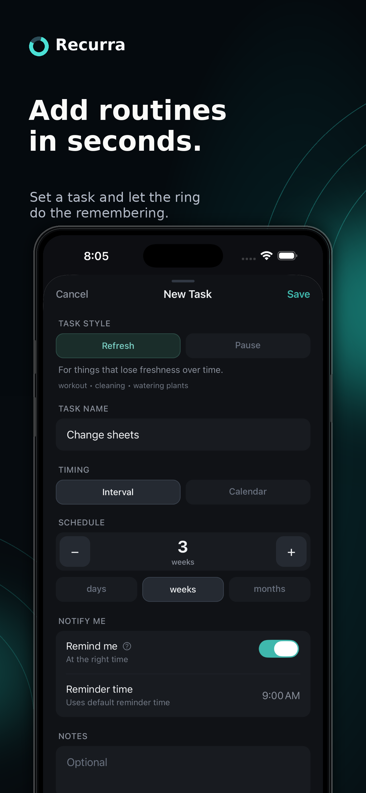 New task form showing Refresh and Pause options, interval scheduling, and reminder toggle.