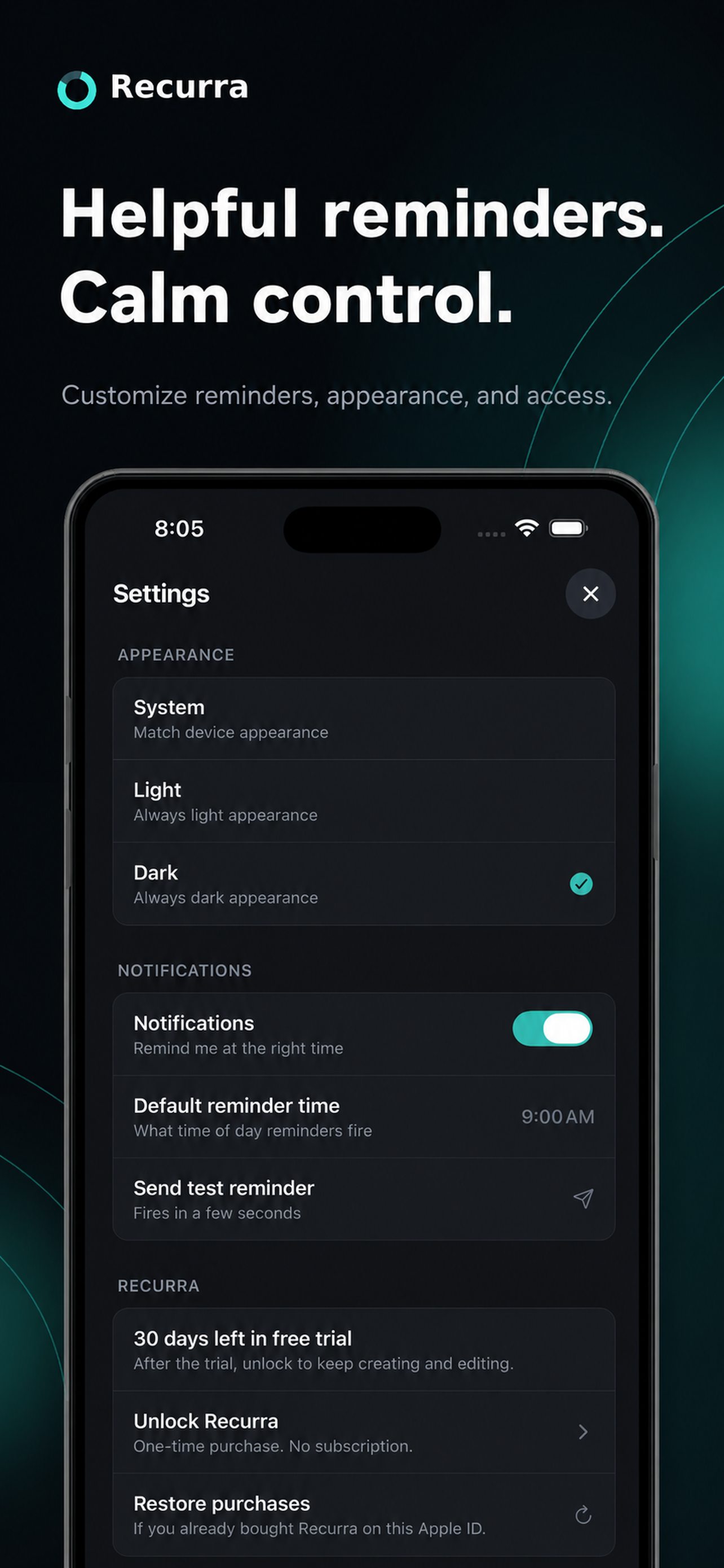 Settings screen with appearance, notifications, and one-time purchase options.